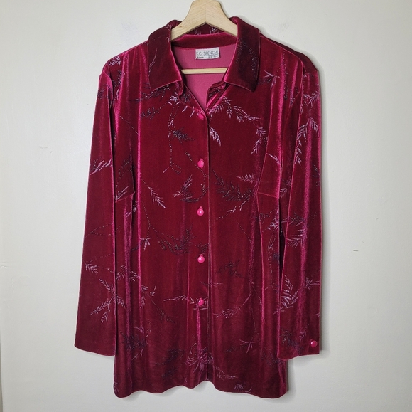 Vintage K.C. Spencer Velour Blouse Sparkle Floral Button Front Holiday L/XL - Picture 3 of 8